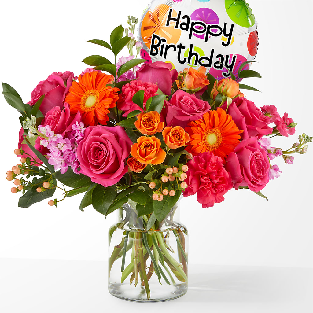 Fiesta Bouquet with Birthday Balloon – GEHRKE FLORAL & GREENHOUSES, Mondovi WI
