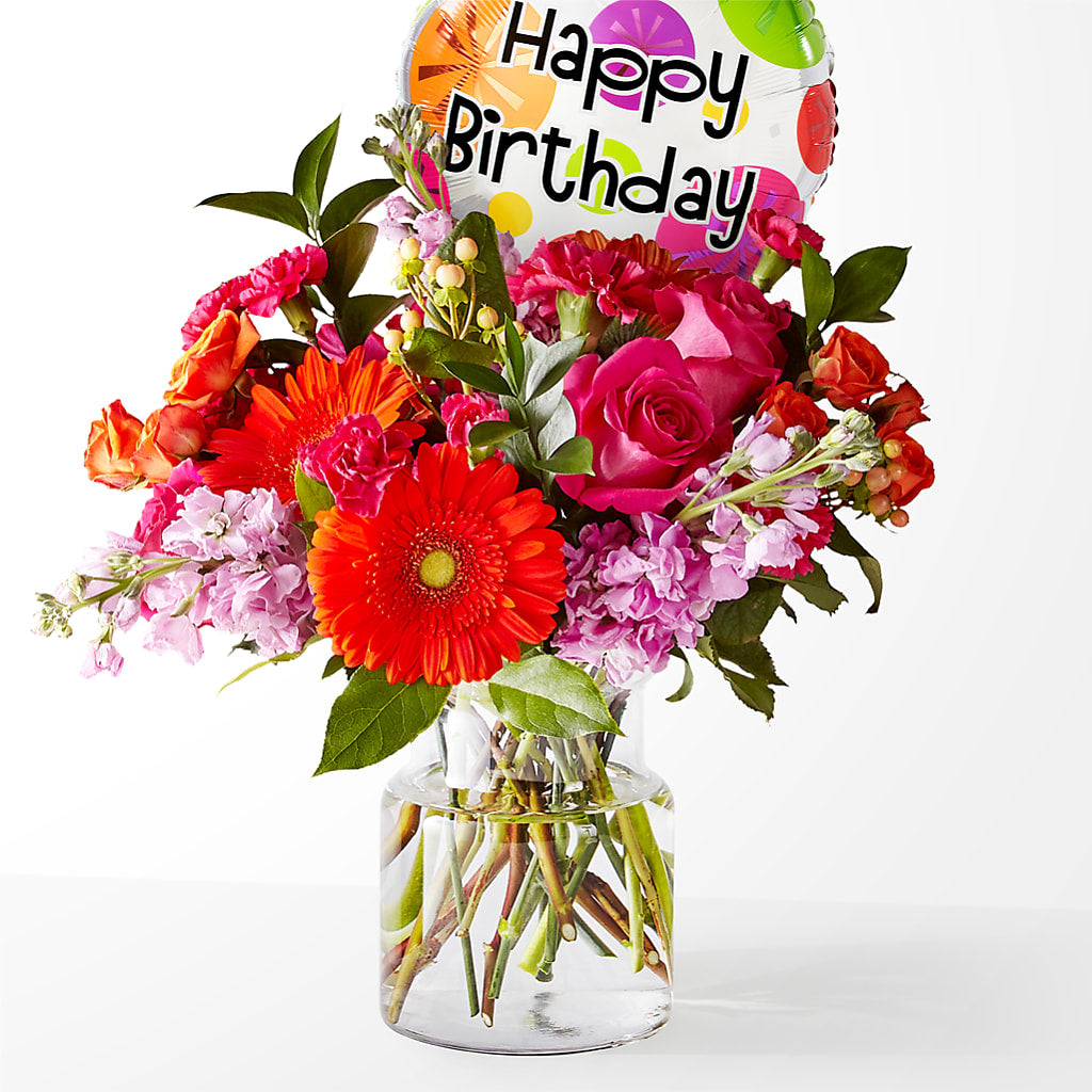 Fiesta Bouquet with Birthday Balloon – GEHRKE FLORAL & GREENHOUSES, Mondovi WI