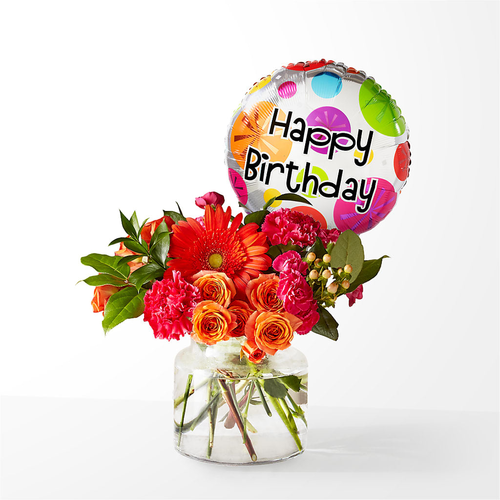Fiesta Bouquet with Birthday Balloon – GEHRKE FLORAL & GREENHOUSES, Mondovi WI