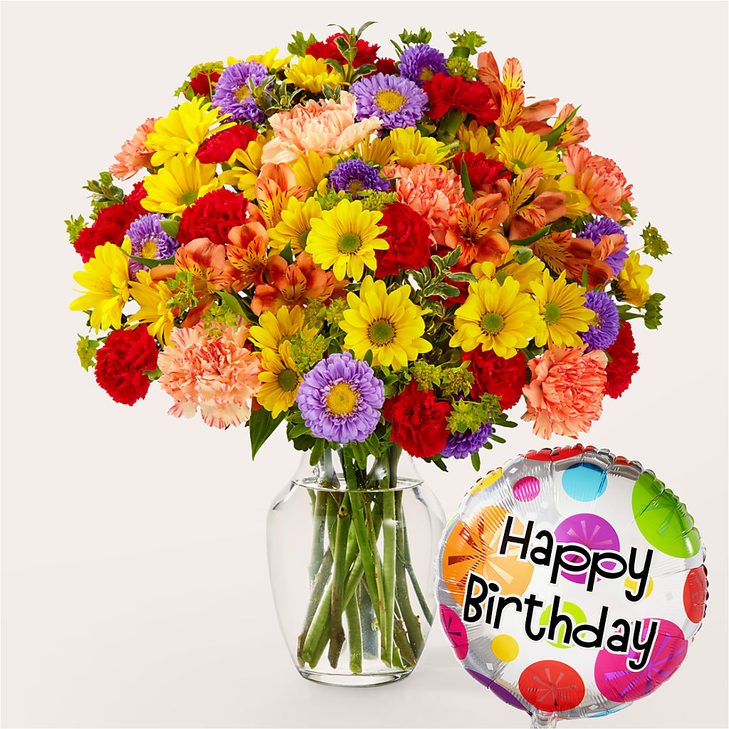 Kaleidoscope Bouquet with Birthday Balloon – GEHRKE FLORAL & GREENHOUSES, Mondovi WI