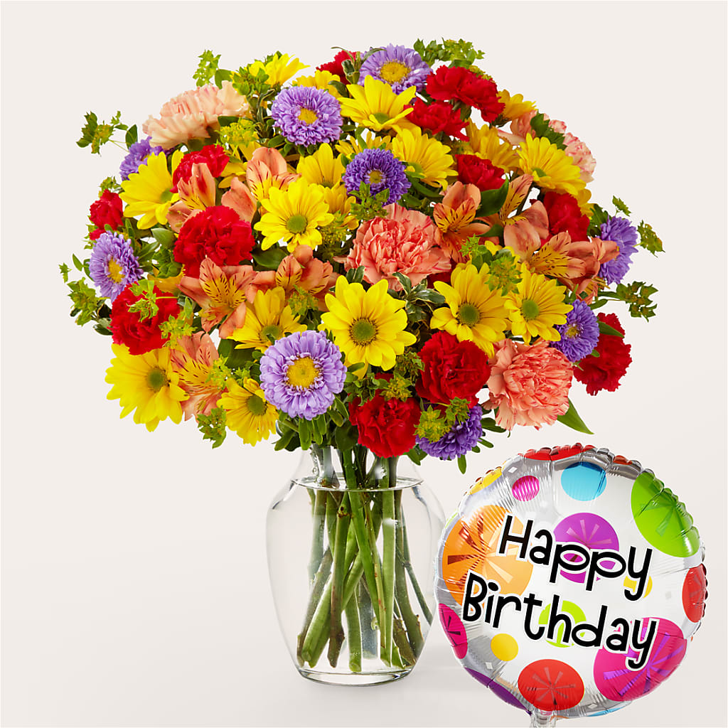Kaleidoscope Bouquet with Birthday Balloon – GEHRKE FLORAL & GREENHOUSES, Mondovi WI