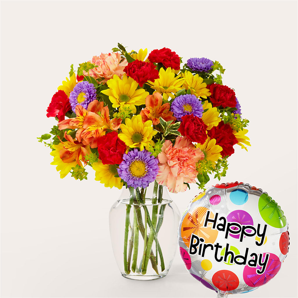 Kaleidoscope Bouquet with Birthday Balloon – GEHRKE FLORAL & GREENHOUSES, Mondovi WI