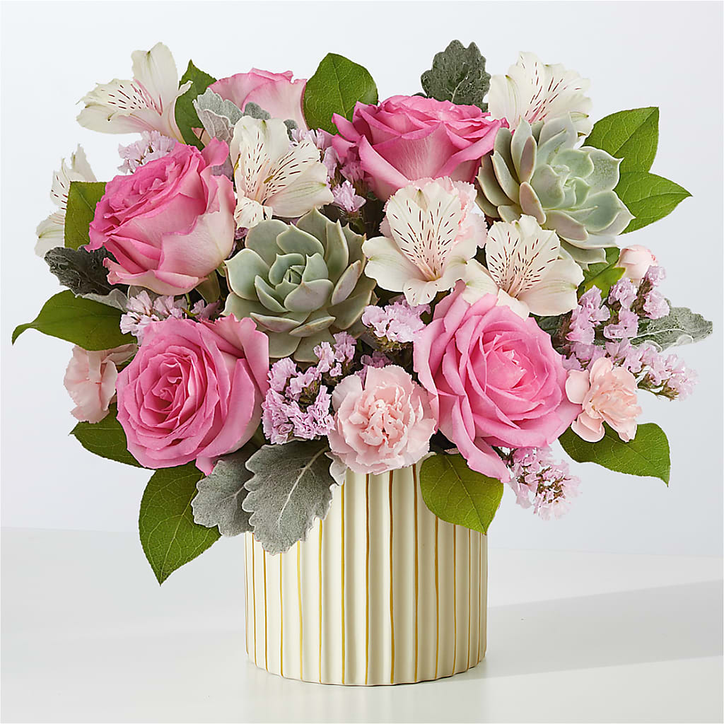 Dusty Rose Bouquet with Ivory Vase – GEHRKE FLORAL & GREENHOUSES, Mondovi WI
