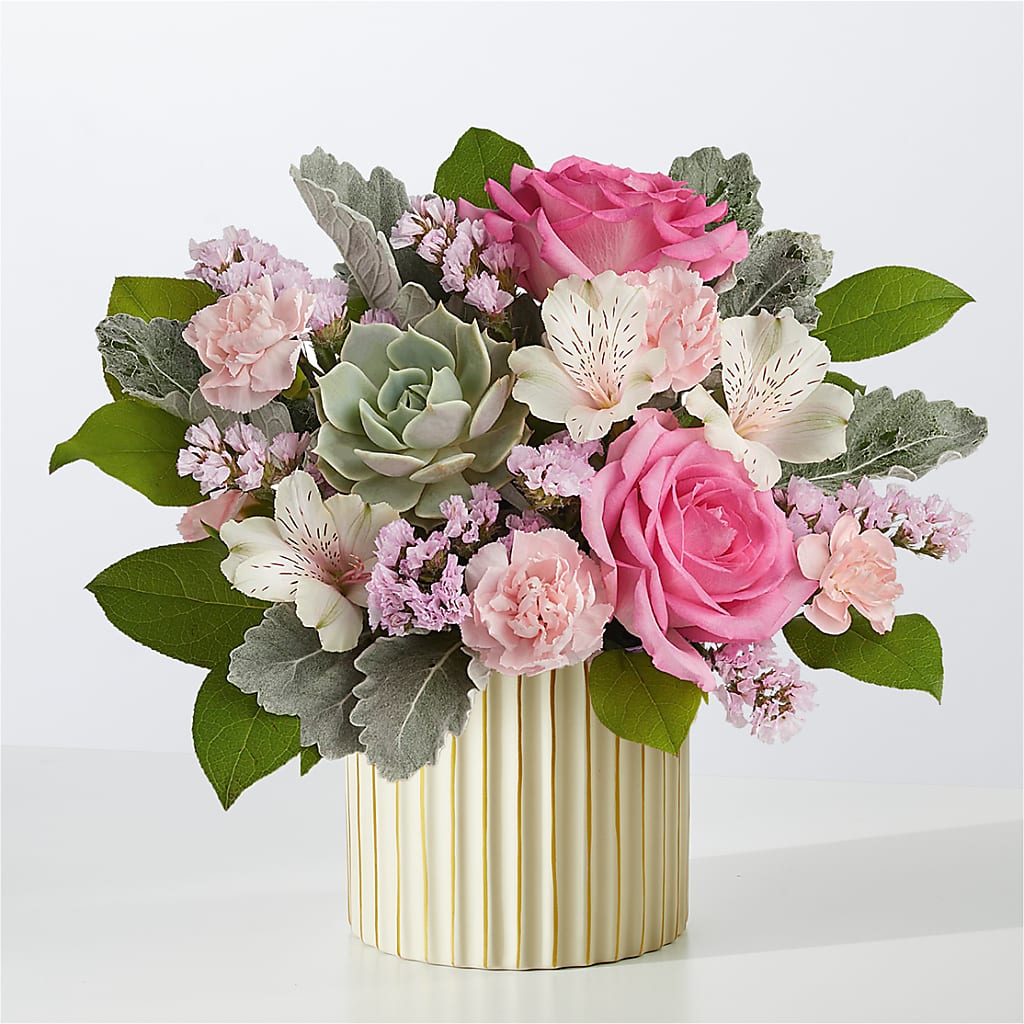 Dusty Rose Bouquet with Ivory Vase – GEHRKE FLORAL & GREENHOUSES, Mondovi WI