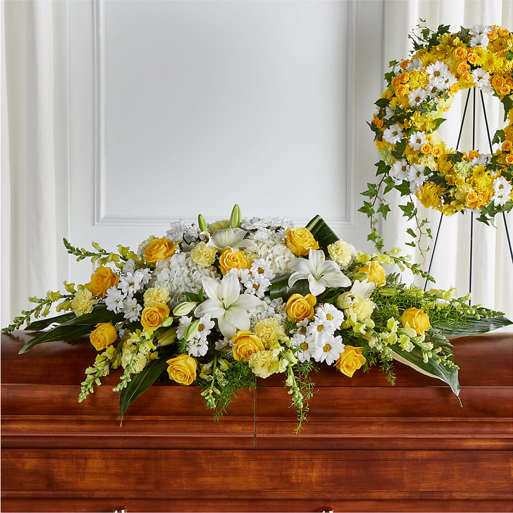 Golden Harmony Casket Spray – GEHRKE FLORAL & GREENHOUSES, Mondovi WI
