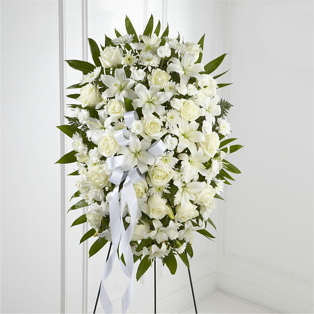Exquisite Tribute Standing Spray-White Ribbon – GEHRKE FLORAL & GREENHOUSES, Mondovi WI