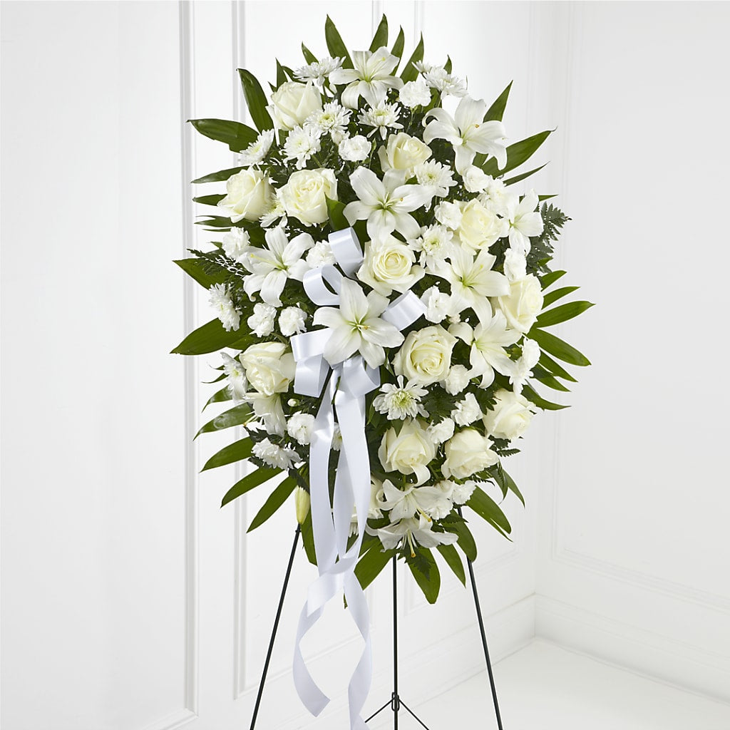 Exquisite Tribute Standing Spray-White Ribbon – GEHRKE FLORAL & GREENHOUSES, Mondovi WI